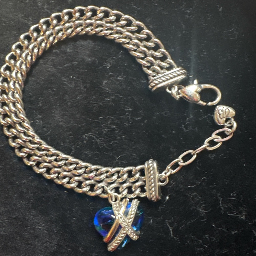 Brighton Silver Tone Triple Chain Bracelet Blue Green Heart Charm - Picture 5 of 8